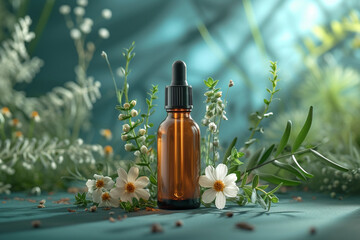 A bottle of essential oil is placed on a table with flowers, creating a green floral composition. Natural cosmetic.