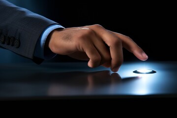 Businessman hand pressing a digital smart button on a screen during a business meeting, actively engaging with a technological device. Generative AI. - obrazy, fototapety, plakaty