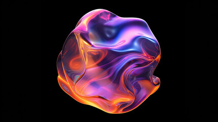Close-Up of colorful abstract holographic shape floating on black background. Transparent glass texture on wavy figure.
