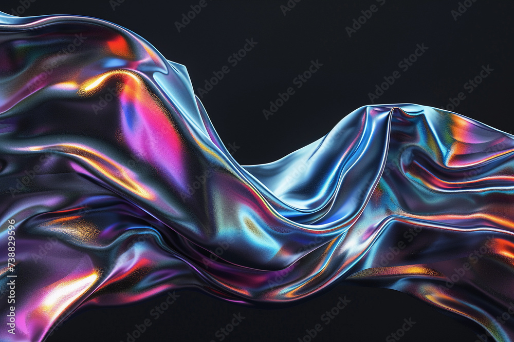 Wall mural Futuristic abstract holographic shape floating on black background. Transparent glass texture on wavy figure. - Wall murals