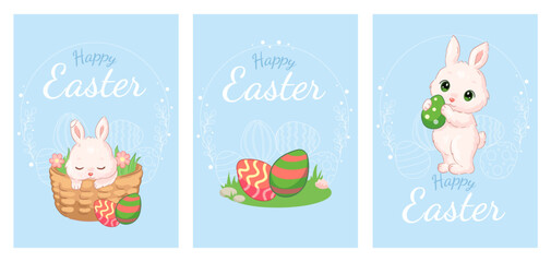 Fototapeta na wymiar Flat illustration of a cute Easter bunny with Easter eggs.A4 Easter congratulations cards.