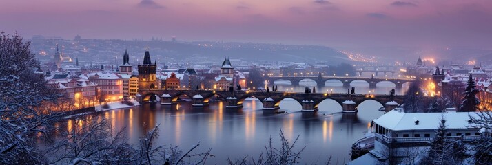 Naklejka premium Beautiful historical buildings in winter with snow and fog in Prague city in Czech Republic in Europe.