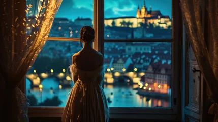 Poster A graceful lady standing by a large window with a view of historic buildings in the city of Prague, Czech Republic in Europe. © Joyce