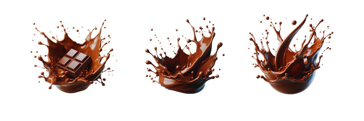 Set of Melting chocolate burst explosion splash in the air, illustration, isolated over on transparent white background 