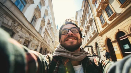Fotobehang Young traveler taking selfie in street with historic buildings in the city of Prague, Czech Republic in Europe. © Joyce