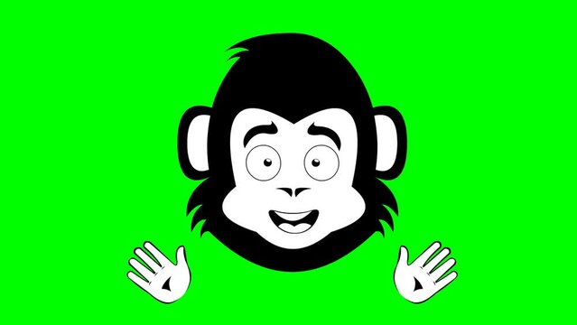 video drawing animation face monkey, chimpanzee or gorilla cartoon, with a cheerful expression and waving hands gesture, drawn in black and white color. On a green chroma key background