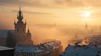 Beautiful historical buildings in winter with snow and fog in Prague city in Czech Republic in Europe.