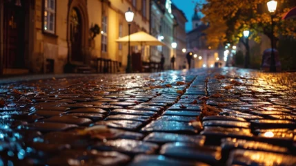 Poster Low angle view of street with historical buildings in Prague city in Czech Republic in Europe. © Joyce