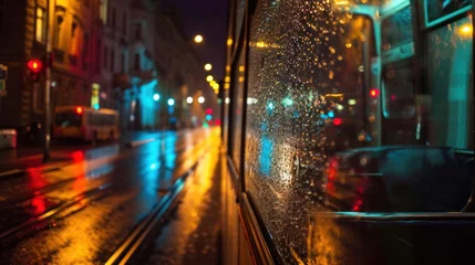  View from tram window street with beautiful historical buildings of Prague city in rainy night in Czech Republic in Europe. © Joyce