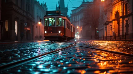 Schilderijen op glas A tram at night in the street of Prague. Czech Republic in Europe. © Joyce