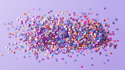 holographic and pastel confetti on a pastel purple background, festive backdrop for your project