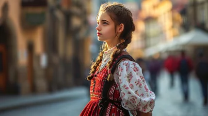 Fotobehang A beautiful girl in traditional Czech clothing in street with historic buildings in the city of Prague, Czech Republic in Europe. © Joyce