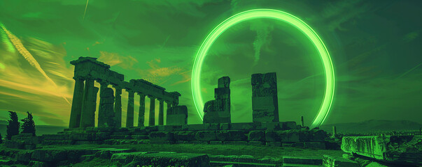 One neon green circle illuminating ancient Greece fusion of eras