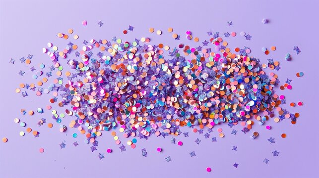holographic and pastel confetti on a pastel purple background, festive backdrop for your project