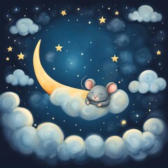 Cute mouse sleeping in a cloud with crescent moon and gold stars