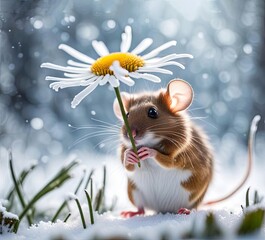 A cute brown and white mouse under a white daisy in the snow