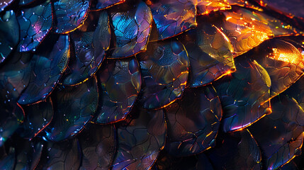 Vivid dragon scales shimmering in moonlight casting mysterious shadows