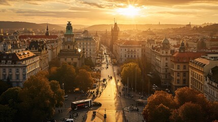 Fototapeta na wymiar Aerial view of beautiful historical buildings of Prague city at sunrise in Czech Republic in Europe.