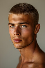 Fototapeta premium Portrait Photography of a Male Model, Blond Hair and Blue Eyes and Tan Skin