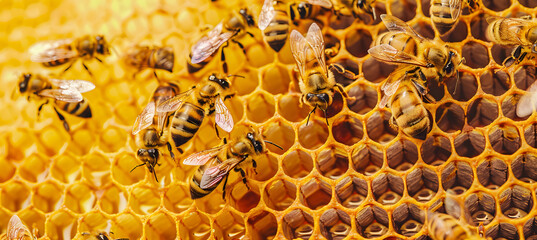 Honey bees on honeycomb. Twelve bees in different orientations, engaging in tasks