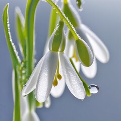 Extreme closeup of a spring snowdrop flower petals with dew drops