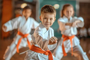 Zelfklevend Fotobehang Children in martial arts setting wearing kimonos, posturing in traditional stances © Andsx