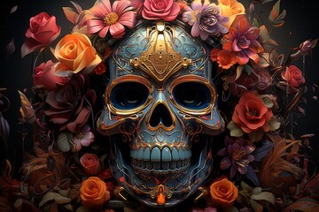 A sugar skull adorned with flowers, painted on a black canvas