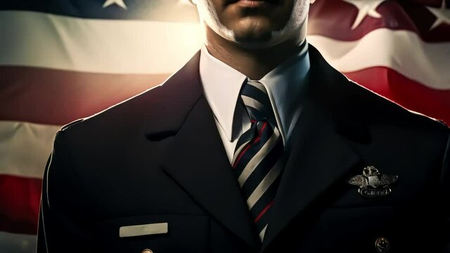 uniformed officer in front of the American flag. ready to defend the homeland. secret service. guarding the homeland. Generative AI