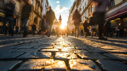 Poster Low angle view of street with historical buildings in Prague city in Czech Republic in Europe. © Joyce