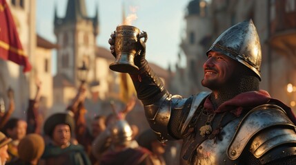 Medieval soldier holding wine mug in celebration party in armor in Prague city in Czech Republic in Europe. - obrazy, fototapety, plakaty