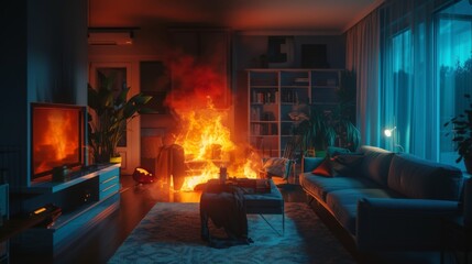 Fire inside the house. Burning room. Interior and furniture in flames. Smoke, fire and soot