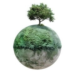 green planet with a tree on top of it, white background, in the style of organic and flowing forms