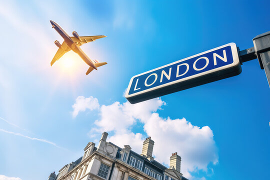 Airplane landing above LONDON sign, arriving to UK, England, United Kingdom