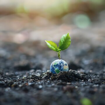 earth with a leaf growing out of it for environmental sustainability on the ground, in the style of light green and light black