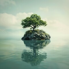 island with a tree on top, in the style of calming effect, glassy translucence, environmental awareness