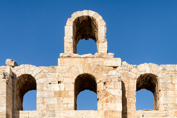 Detail of the facade of Odeon of Herodes Atticus (Herodes Theatre) in Athens, Greece