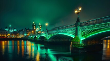 a famous landmark illuminated in green light to celebrate St. Patrick's Day, such as a bridge, building, or monument