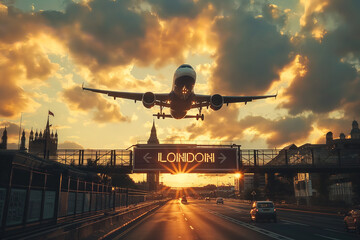 Airplane landing above LONDON sign, arriving to UK, England, United Kingdom