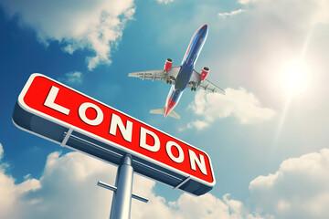Airplane landing above LONDON sign, arriving to UK, England, United Kingdom