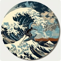 illustration of a surfer with waves on the beach in a circle, ocean and waves