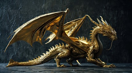 Golden dragon 3D rendering with details.