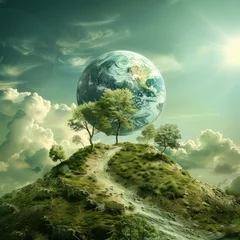Crédence de cuisine en verre imprimé Pleine Lune arbre planet earth on top of a hill with trees, in the style of conceptual digital art