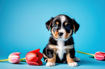 Cute little puppy dog with tulip flower in mouth on light blue background for Valentine's day or Mother's day or birthday card