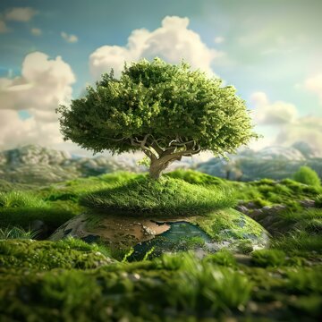 earth is shown in the shape of a tree in the grass, in the style of realistic fantasy artwork