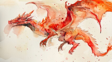 Watercolor drawing of dragon over white background.