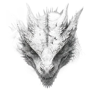 Hand pencil sketch drawing of dragon head over white background.