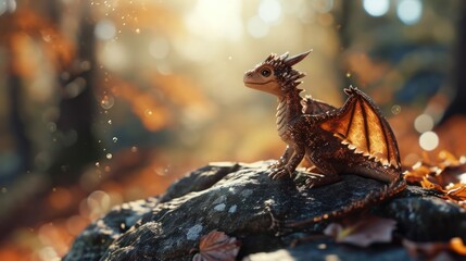 Cute baby dragon stand resting with its wings folded in a foggy forest.