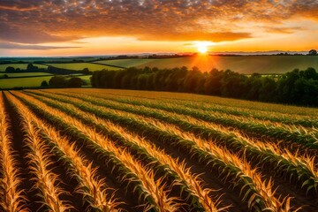 the sky in warm tones, casting an ethereal glow over the expansive fields of corn. The realistic portrayal showcases the serenity and tranquility of the farm as the sun sets, creating a captivating 