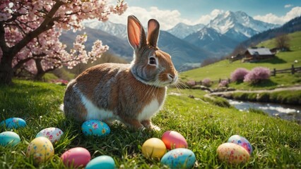 Easter bunny with easter eggs in a stunning alpine meadow landscape. Generative AI.