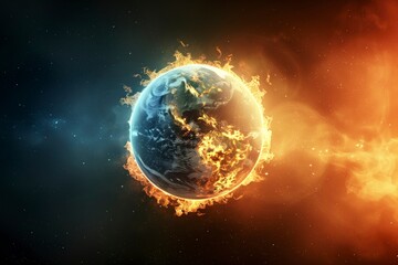 A fiery sphere floats in the vastness of outer space, a celestial event in the universe, surrounded by the burning remnants of its own planet - earth - obrazy, fototapety, plakaty